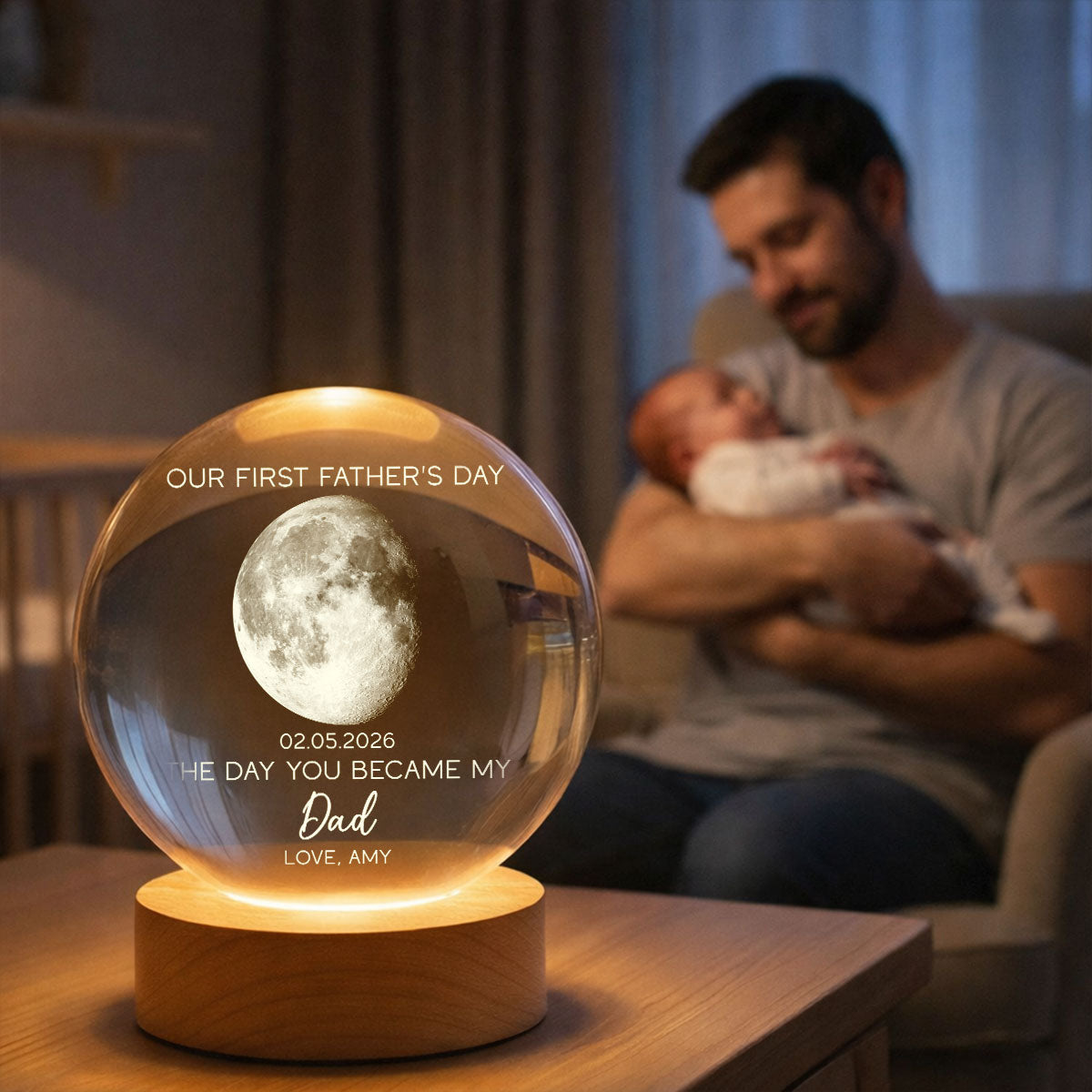 The Day You Became My Dad Custom Moon Phase First - Personalized Crystal Ball LED Night Light - First Gift For New Dad