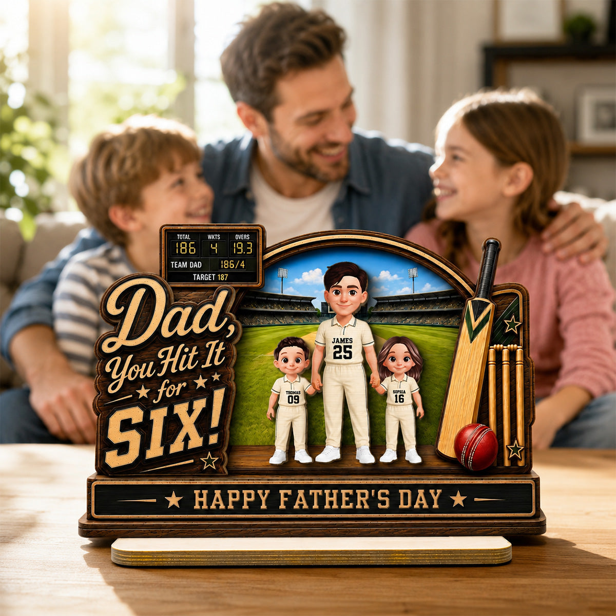 Hit A Six With The Best Dad Cricket Dad & Kids On Court - Personalised 2-Layered Wooden Plaque - Gift For Husband, Dad
