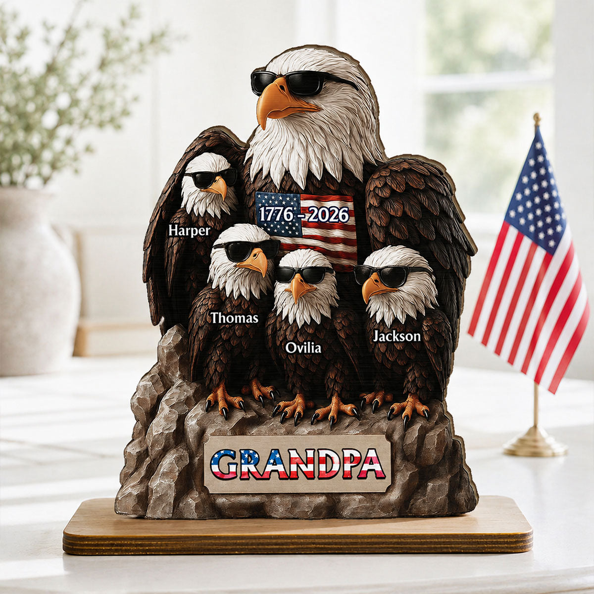 America 250th Anniversary Patriotic Eagle Grandpa Dad & Kids - Personalized 2-Layered Wooden Plaque - Gift, 250th Anniversary Gift, Keepsake For Grandpa, Dad