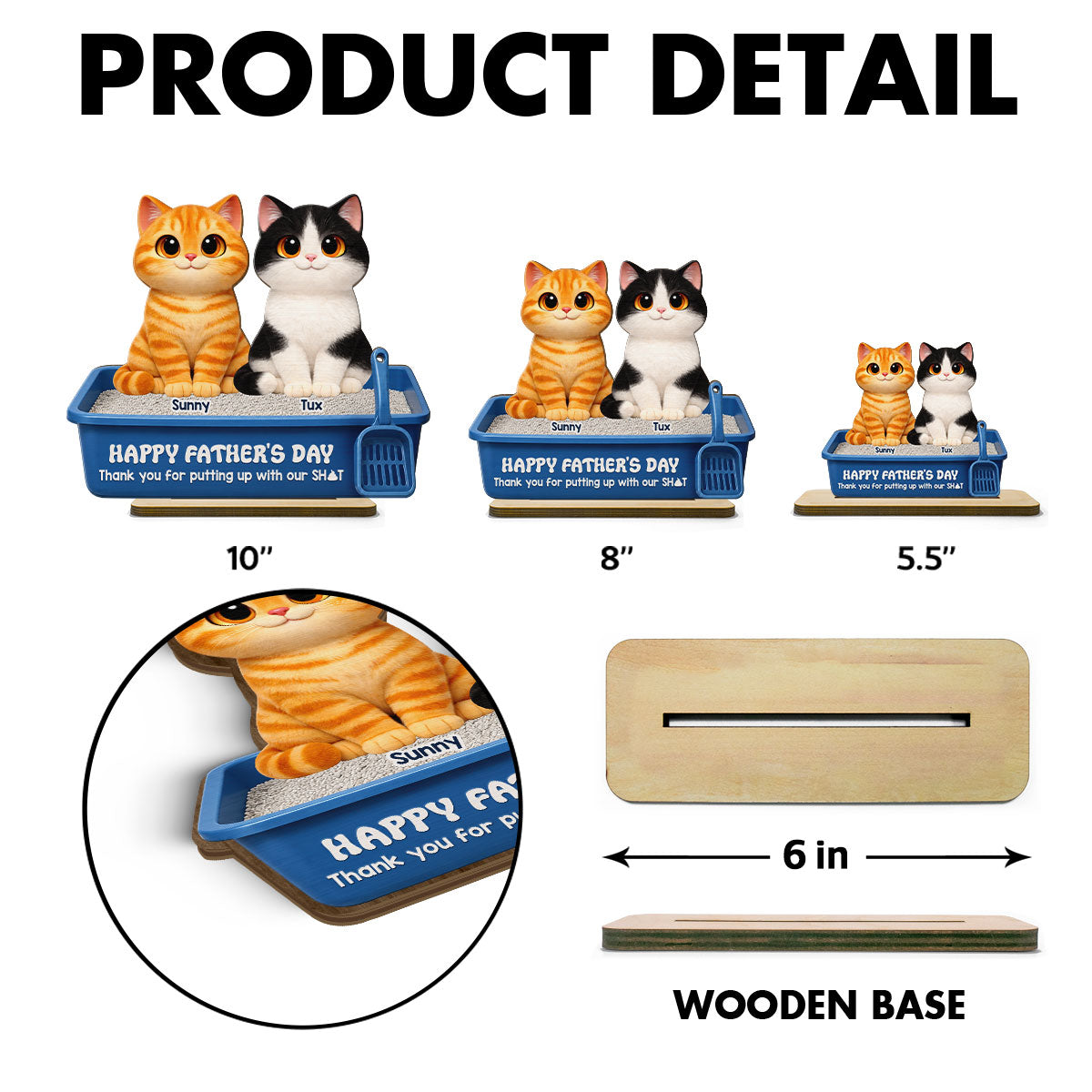 Cute Fluffy Cats Happy Thanks For Feeding And Scooping Poo 2D Flat - Personalized 2-Layered Wooden Plaque - Funny Gift For Cat Dad, Cat Lovers