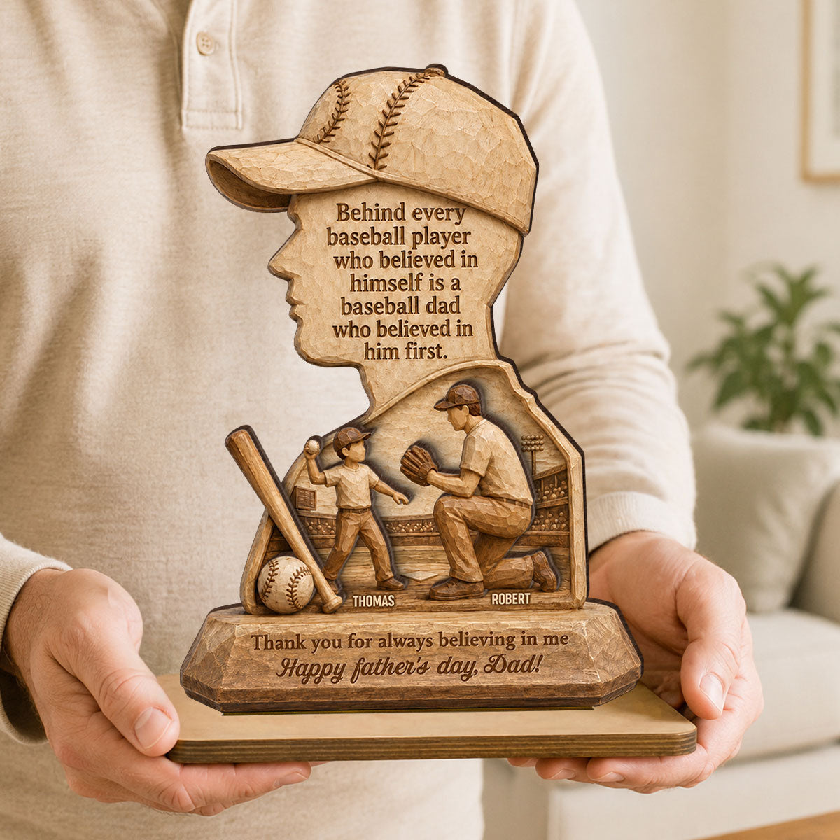 Behind Every Baseball Player is a Baseball Dad - Personalized 2-Layered Wooden Plaque - Gift for Dad, Husband