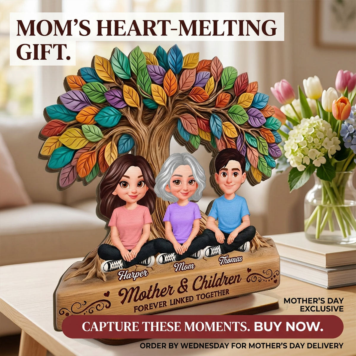 Mom And Son Daughter Under Colorful Tree Of Life - Personalized 2-Layered Wooden Plaque - Gift For Mom