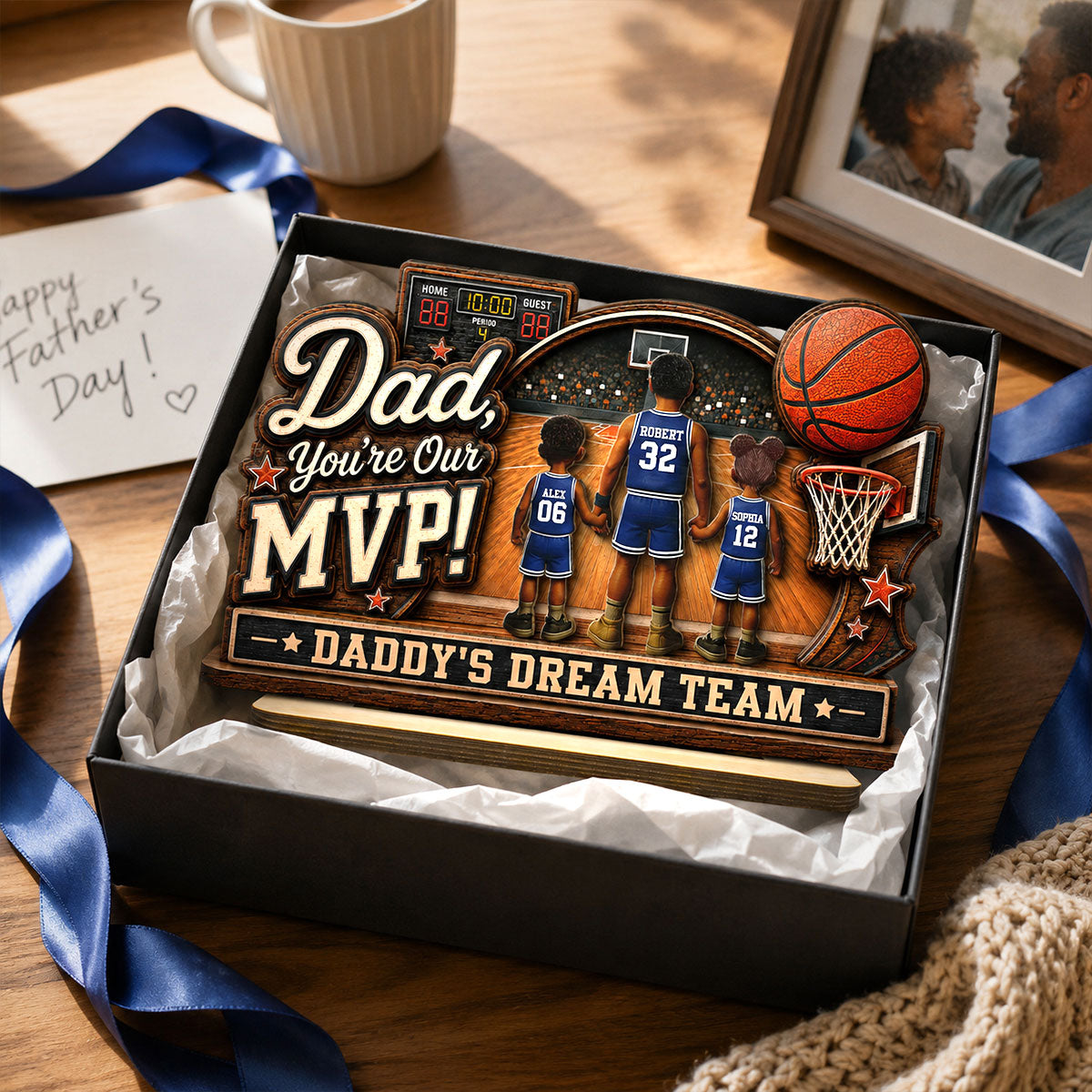 Dad You Are Our MVP Standing Basketball Man & Kids 2D Flat - Personalized 2-Layered Wooden Plaque - Gift For Basketball Dad