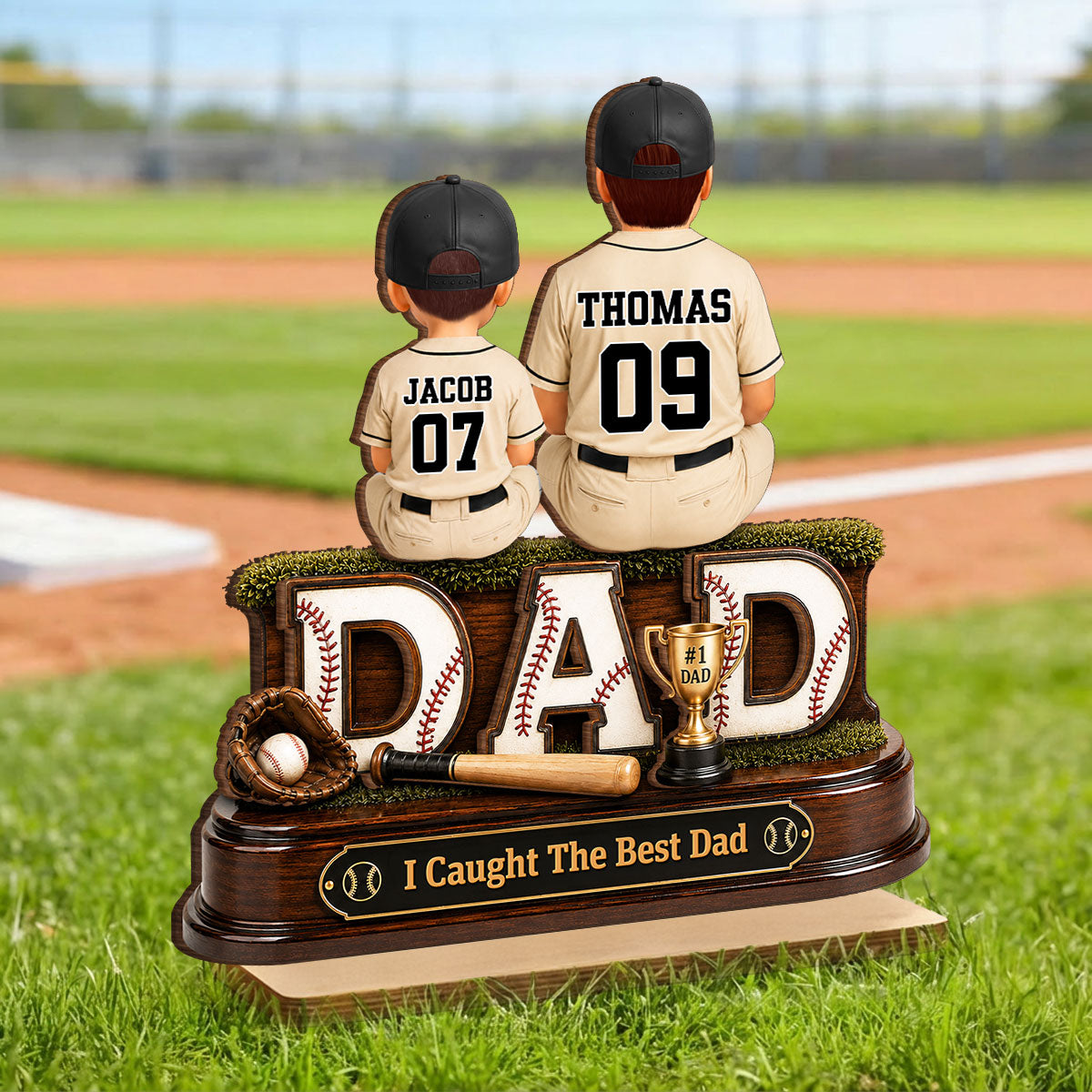 Baseball Dad and Children We Caught the Best Dad - Personalized 2-Layered Wooden Plaque - Gift for Dad, Husband