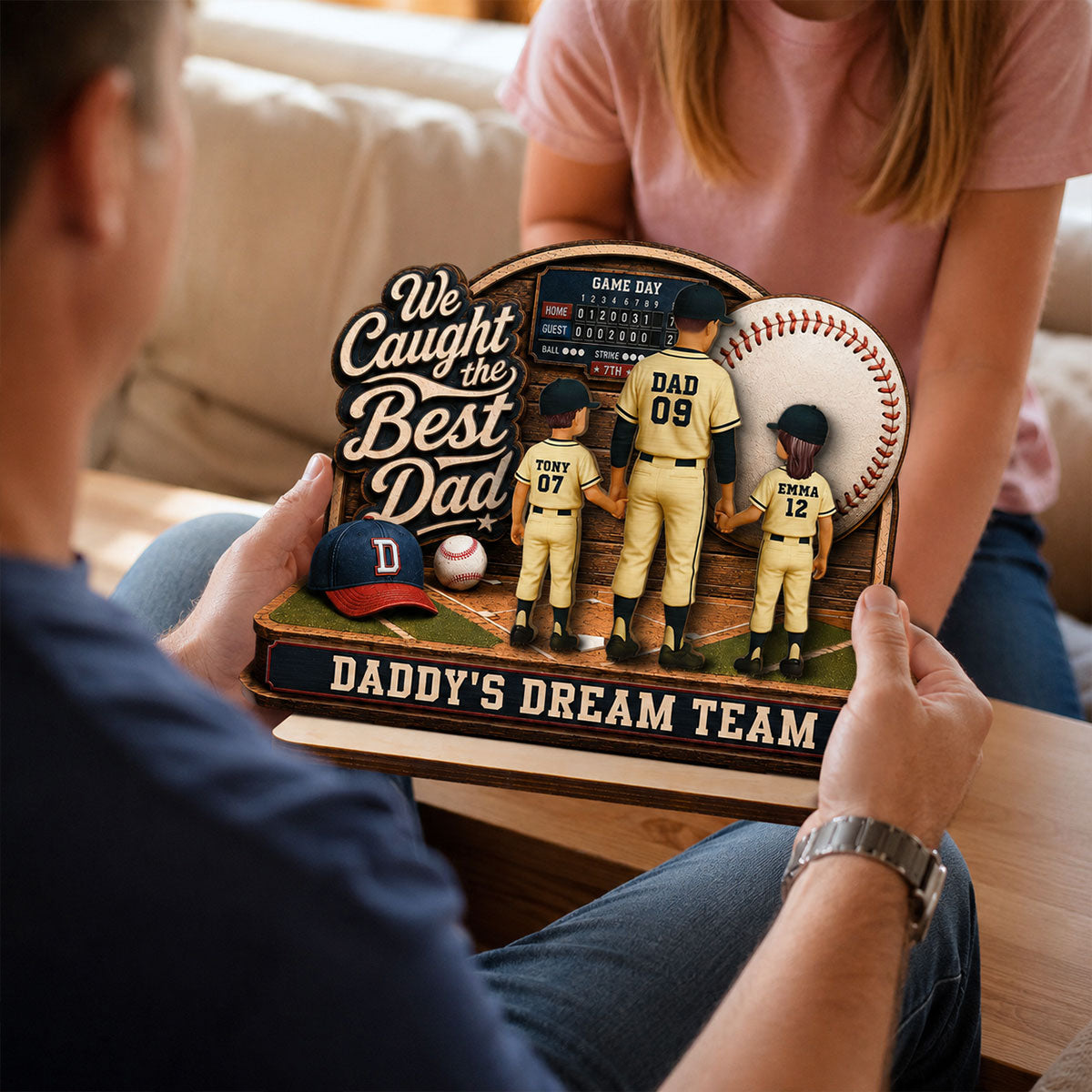 Baseball Things Dad & Kids Back View Standing 2D Flat - Personalized 2-Layered Wooden Plaque - Happy For Baseball Dad