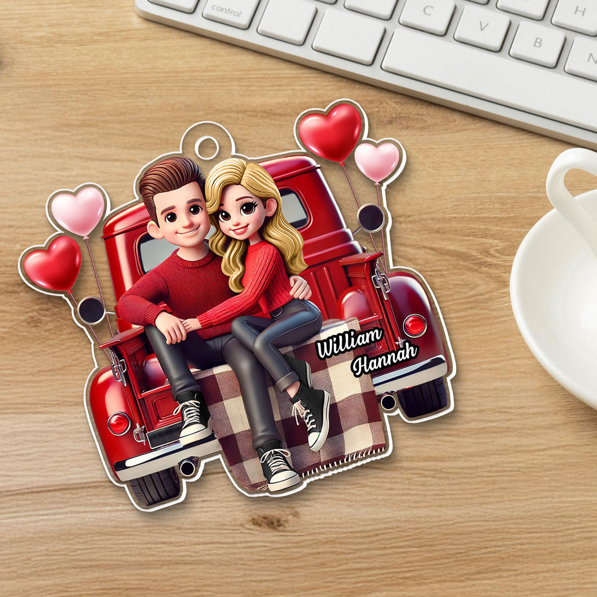 3D Effect Couple Sitting On Red Truck Personalized Acrylic Car Hanger, Gift, Anniversary Gift For Couples