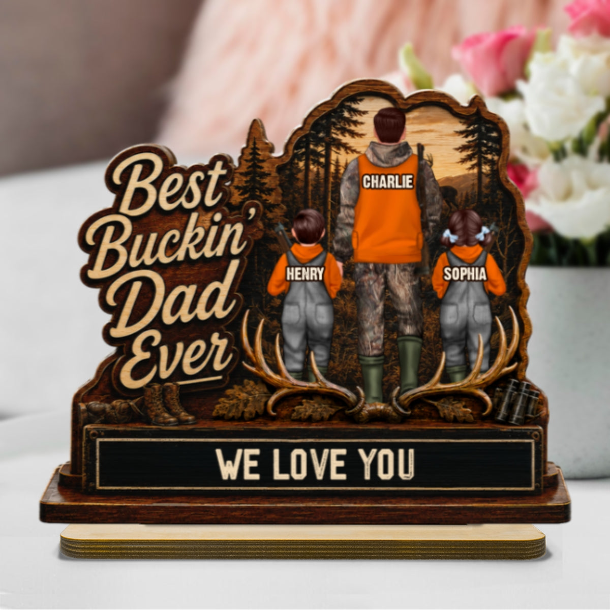 Best Buckin' Dad Papa Ever Hunting Man & Kids 2D Flat - Personalized 2-Layered Wooden Plaque - Gift For Hunting Dad, Grandpa