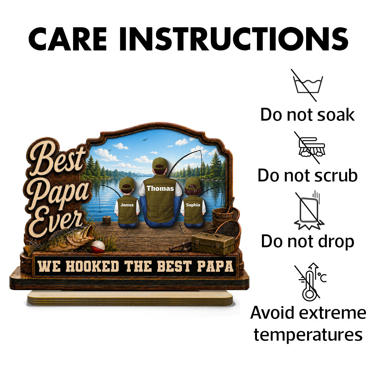 We Hooked The Best Dad Papa Fishing Man & Kids Back View 2D Flat - Personalized 2-Layered Wooden Plaque - Gift For Hunting Dad, Grandpa