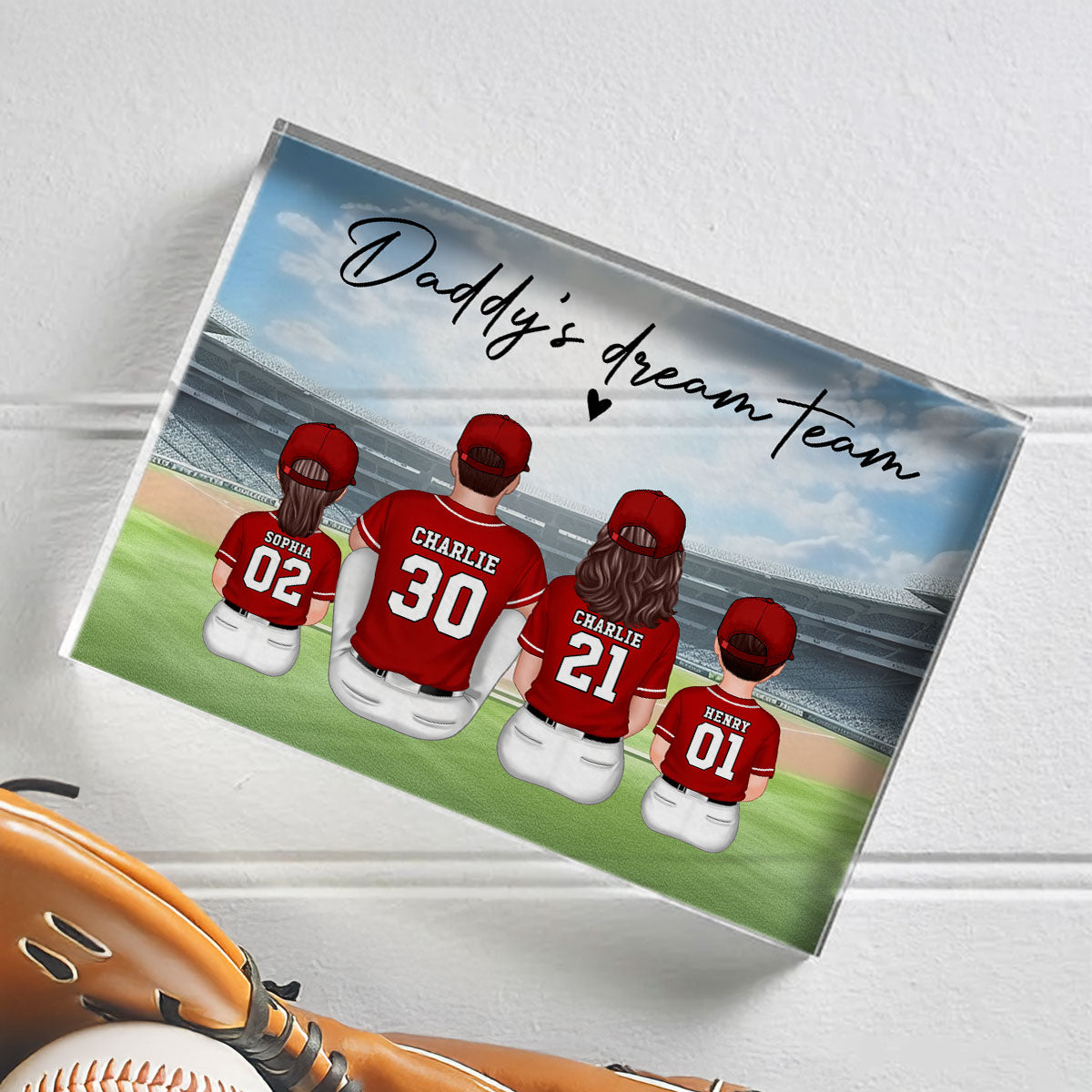Daddy's Team Baseball Family Sitting Personalized Acrylic Block, Unique Gift for Dad, Gift for Husband