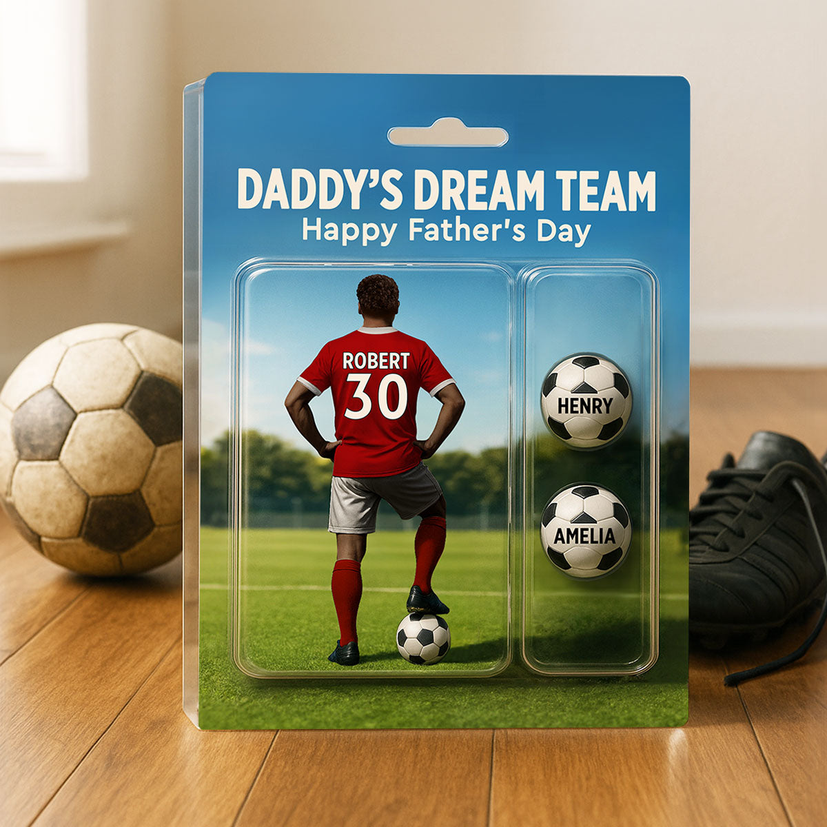 Daddy's Dream Team Soccer With Kids' Names Custom Figure Personalized Acrylic Block Plaque, Perfect Gift for Him, for Husband, for Dad, for Soccer Lover