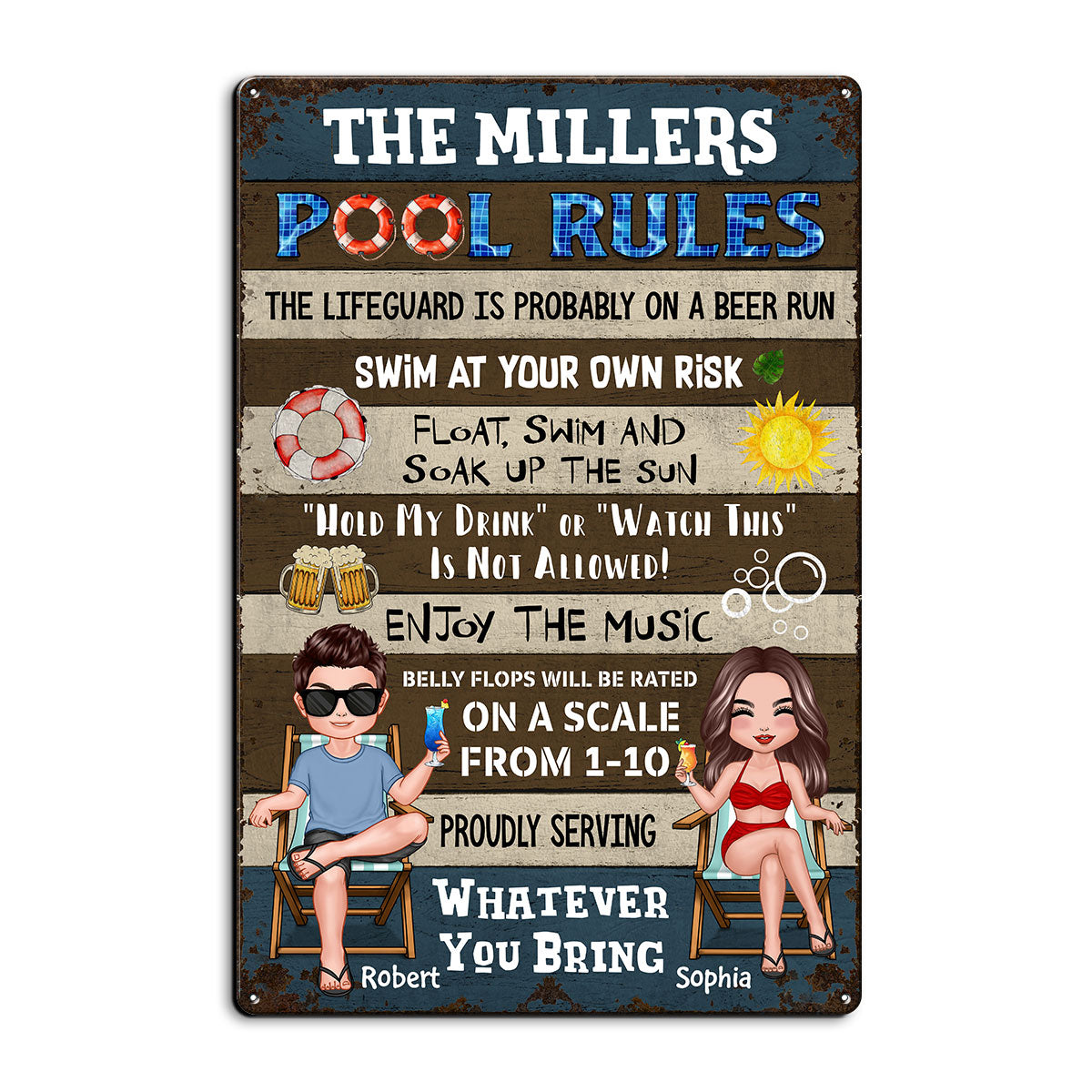 Pool Rules Summer Couple Personalized Metal Sign