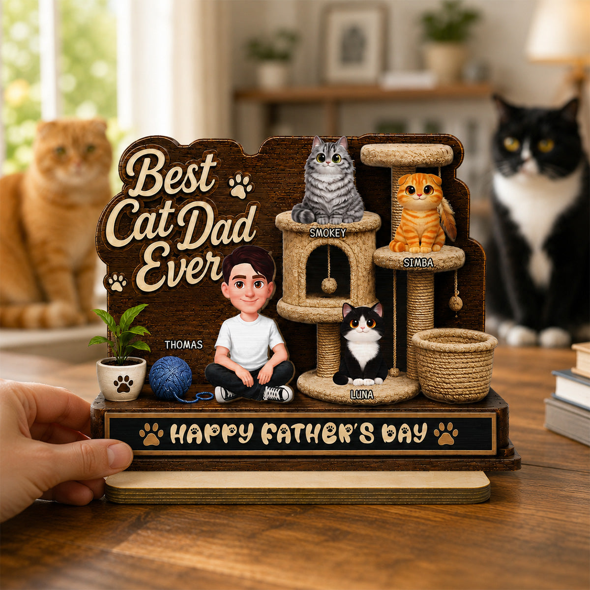 Best Cat Dad Ever Man Sitting Cute Cats On Cat Tree 2D Flat - Personalized 2-Layered Wooden Plaque - Gift For Cat Dad
