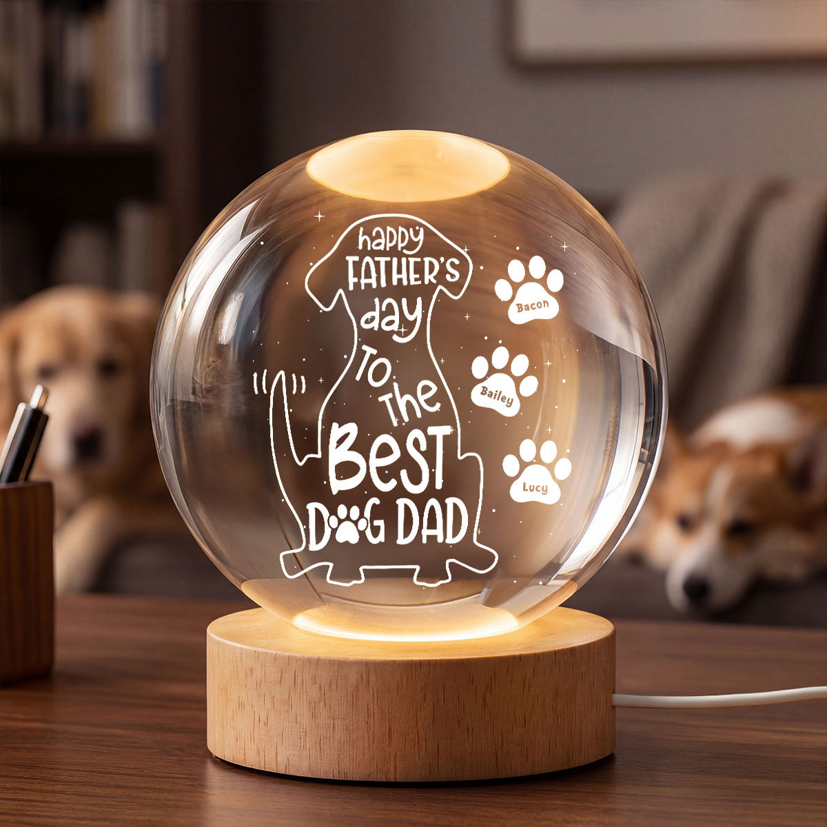Happy Dog Dad - Personalized Crystal Ball LED Night Light - Heartfelt Gift for Husband