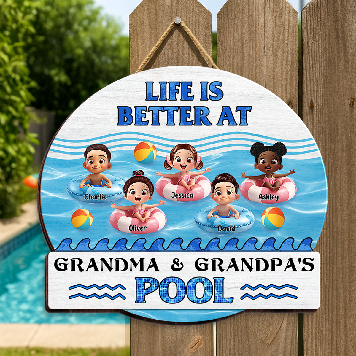 Life is Better at Grandma & Grandpa Pool Personalized Wooden Door Sign, Grandchildren Welcome Sign
