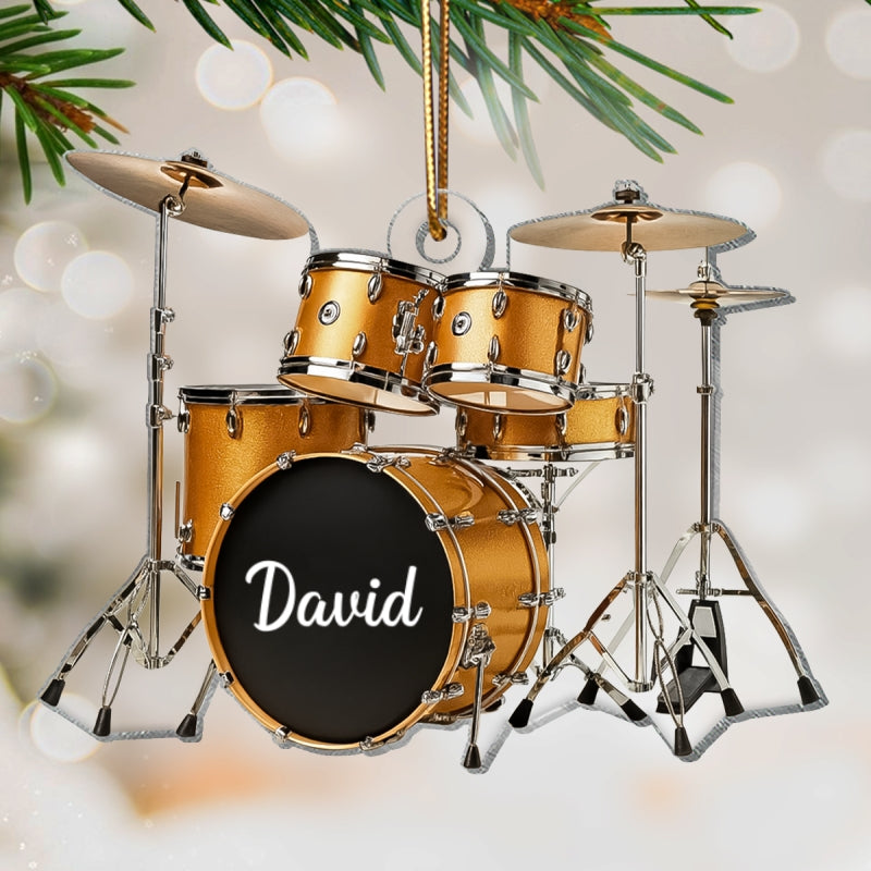 Custom Name Gold Drum Set - Personalized Acrylic Ornament - Thoughtful Drummer Christmas Gift, Musician Christmas Tree Hanging Decor