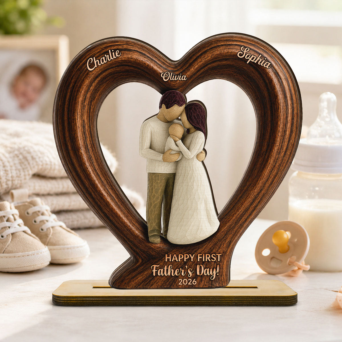 Happy First Dad From Mom And Baby 2D Flat Heart - Personalized 2-Layered Wooden Plaque - Heartfelt Gift For Husband, New Dad