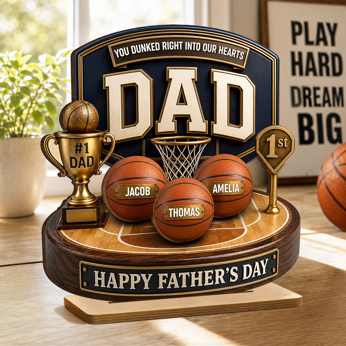 Basketball Trophy You Dunked Right Into Our Hearts - Personalized 2-Layered Wooden Plaque - Gift For Dad, Husband