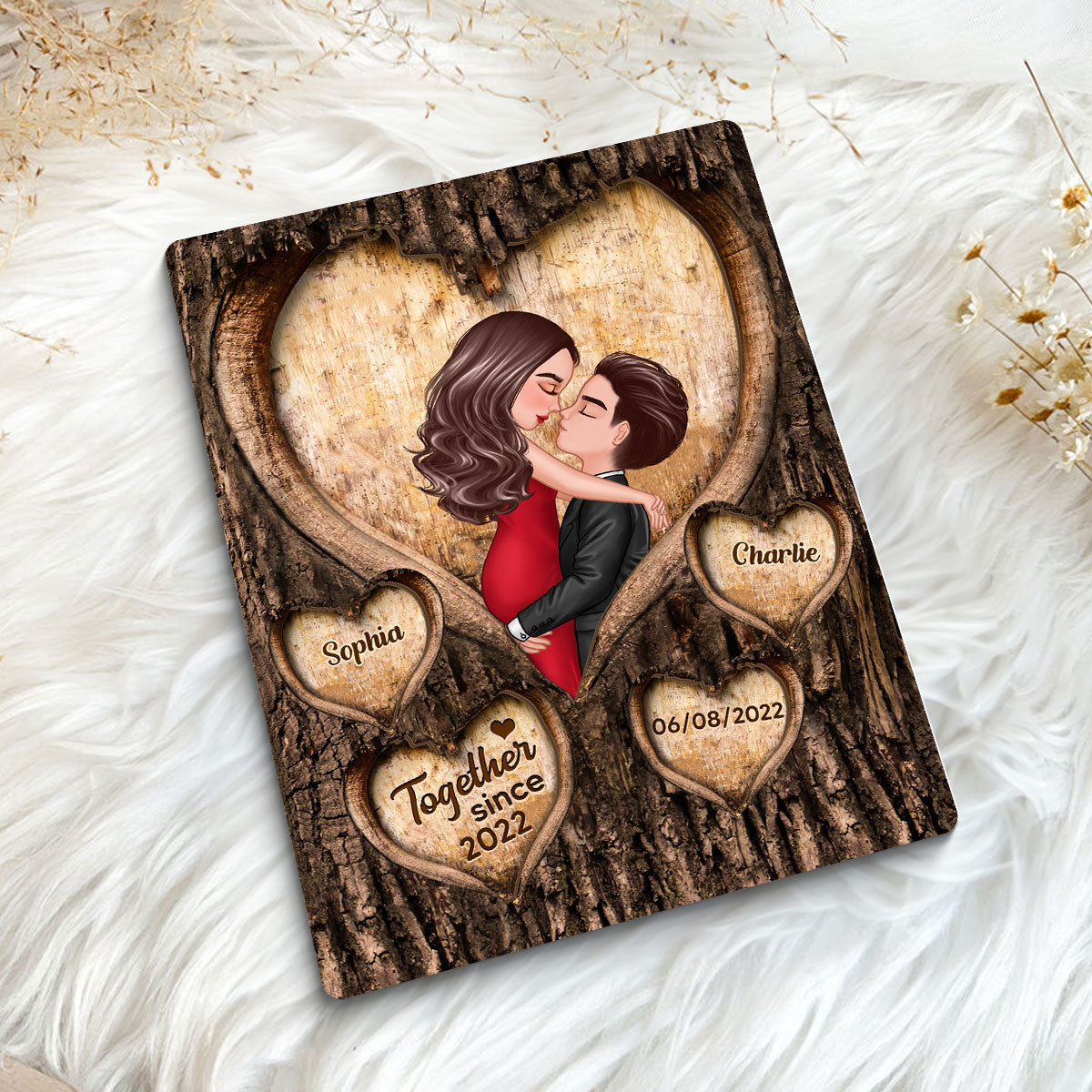Couple Kissing Hearts Engraved On Tree Personalized 2-layer Wooden Plaque, Gift For Him, For Her