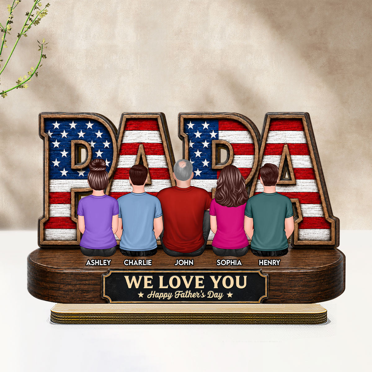 Proud Papa Grandpa Nation Flag Grandpa Dad And Kids - Personalized 2-Layered Wooden Plaque - Gift For Dad, Husband