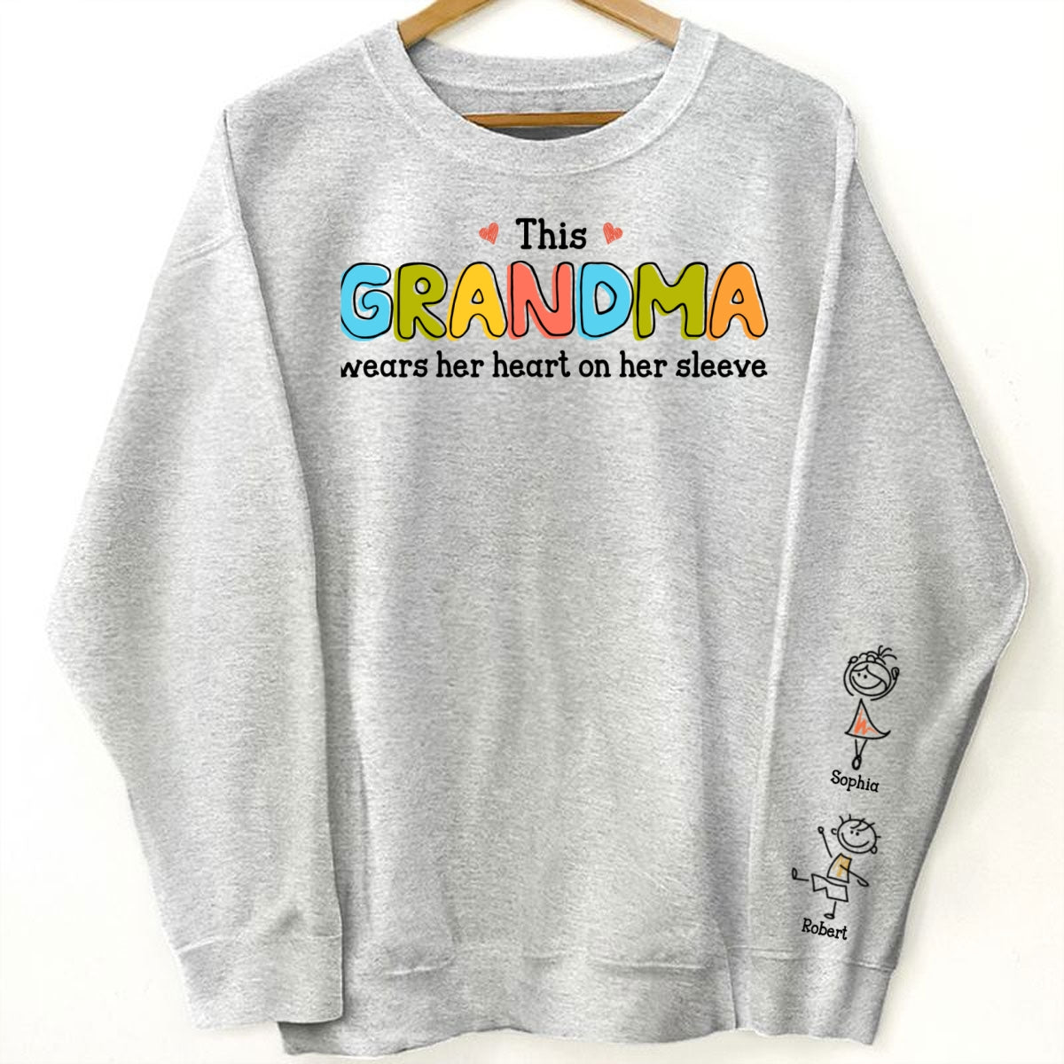 This Grandma Wears Her Heart On Her Sleeve Personalized Sleeve Printed Sweatshirt, Gift For Grandma
