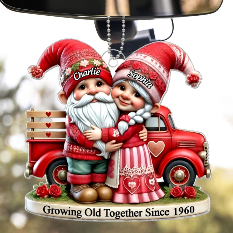 3D Effect Gnome Old Couple And Truck Personalized Car Hanger Ornament, Gift For Couple, For Him, For Her, Husband, Wife