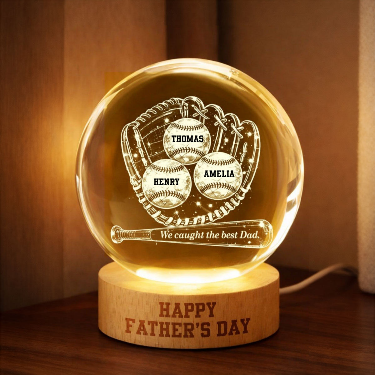 Happy Baseball Dad - Personalized Crystal Ball LED Night Light - Gift for Dad, Husband