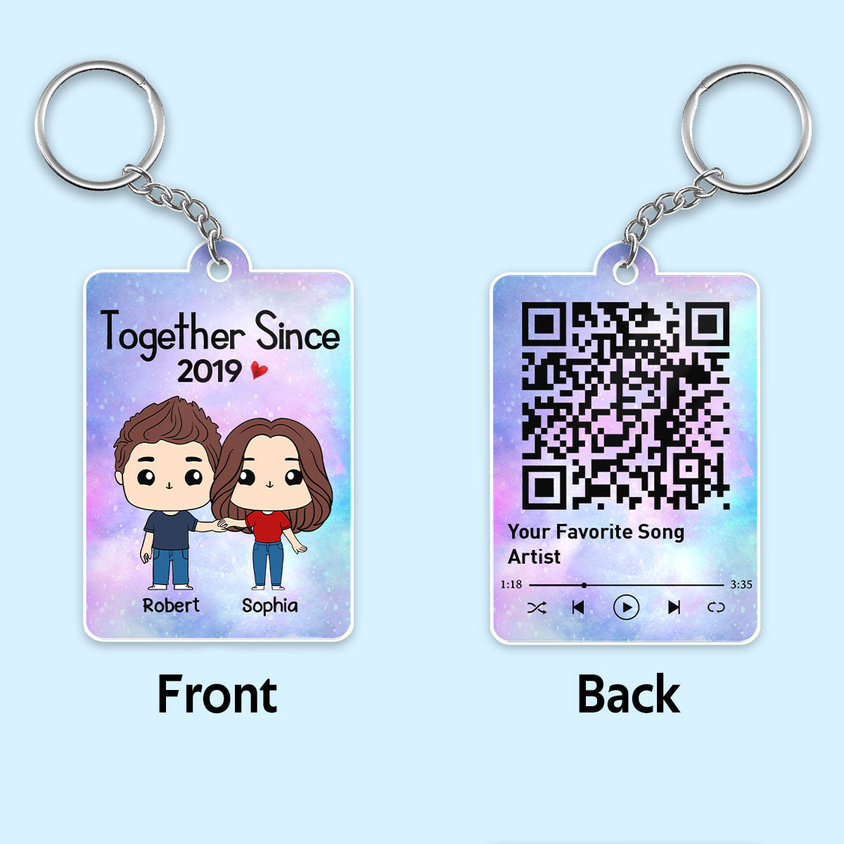 Chibi Couple Square Face Together Since Favorite Song QR Code Personalized Acrylic Keychain