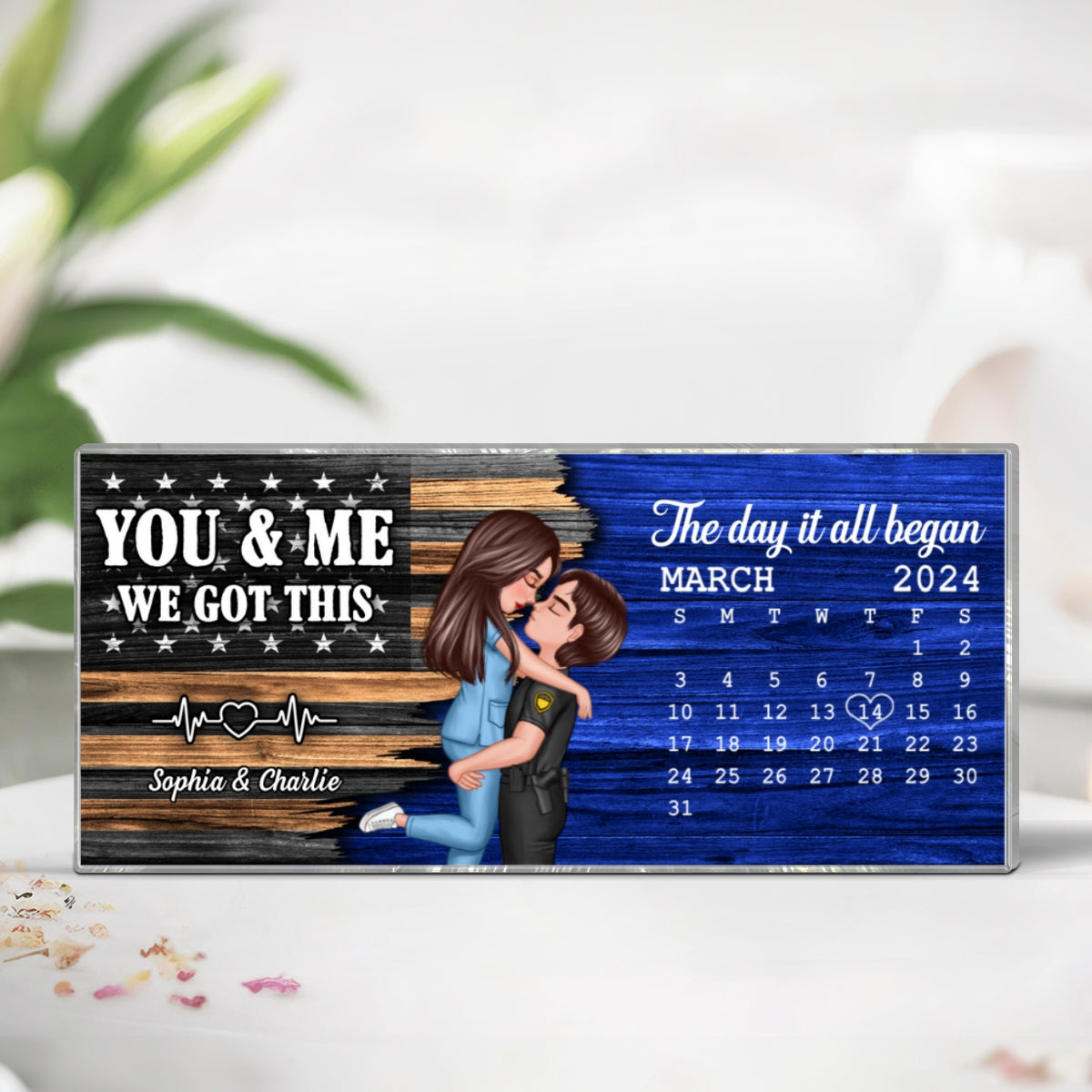 Hero Couple Hugging Kissing Half Flag Anniversary Calendar Keepsake Gift by Occupation Personalized Acrylic Block Plaque