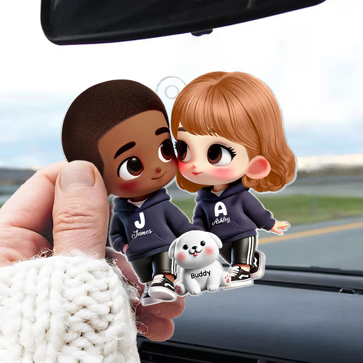 3D Effect Cute Cartoon Couple Holding Hands with Dogs Cats Personalized Acrylic Car Hanger, Anniversary & Gift for him, Gift for her