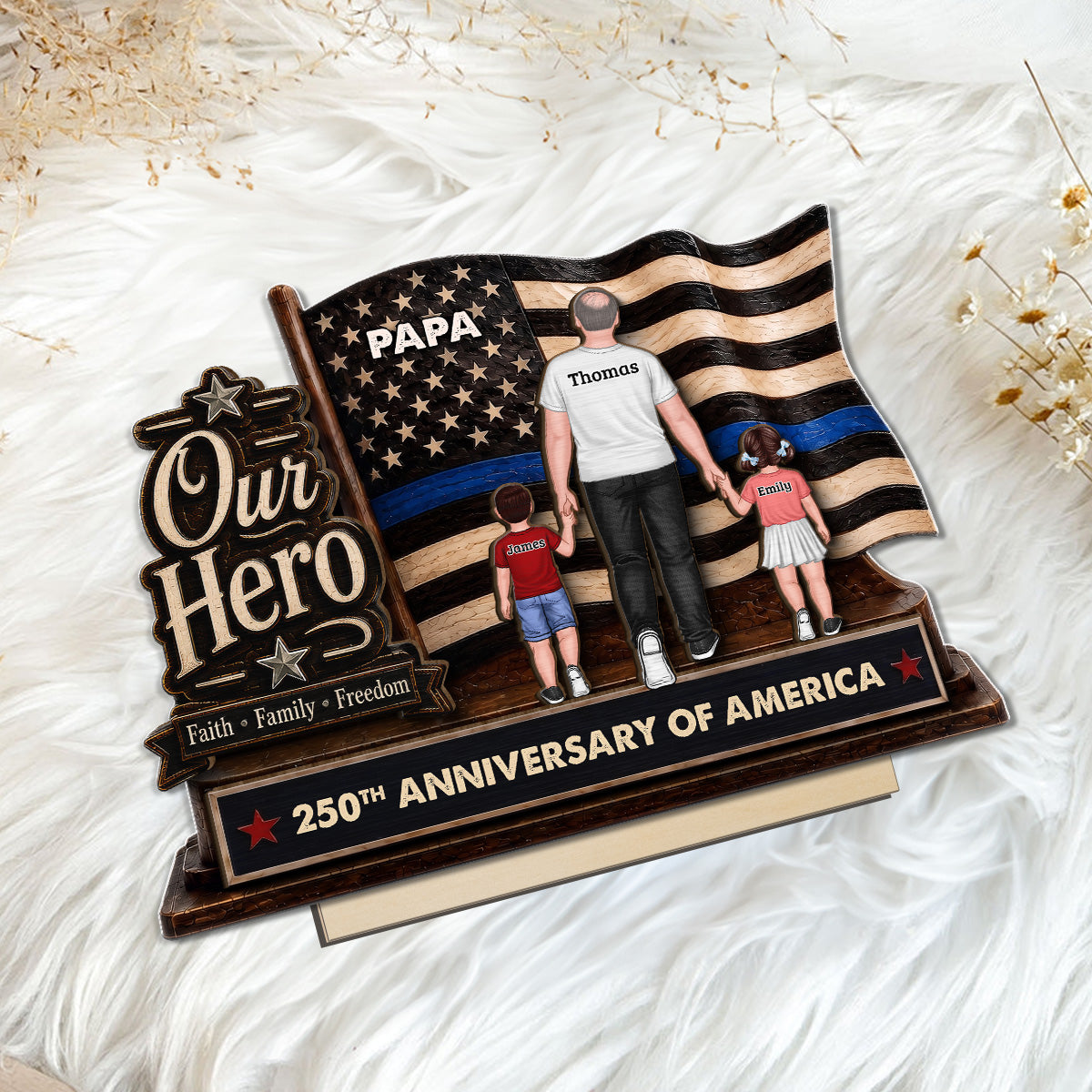 Dad Grandpa Our Hero American Flag 2D Flat - Personalized 2-Layered Wooden Plaque - Gift For Patriotic Dad, Grandpa, Husband