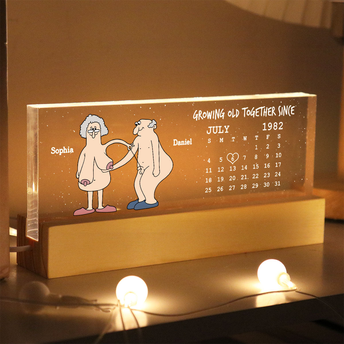 Growing Old Together Funny Old Couple Anniversary Calendar Keepsake Gift Personalized Acrylic Block LED Night Light