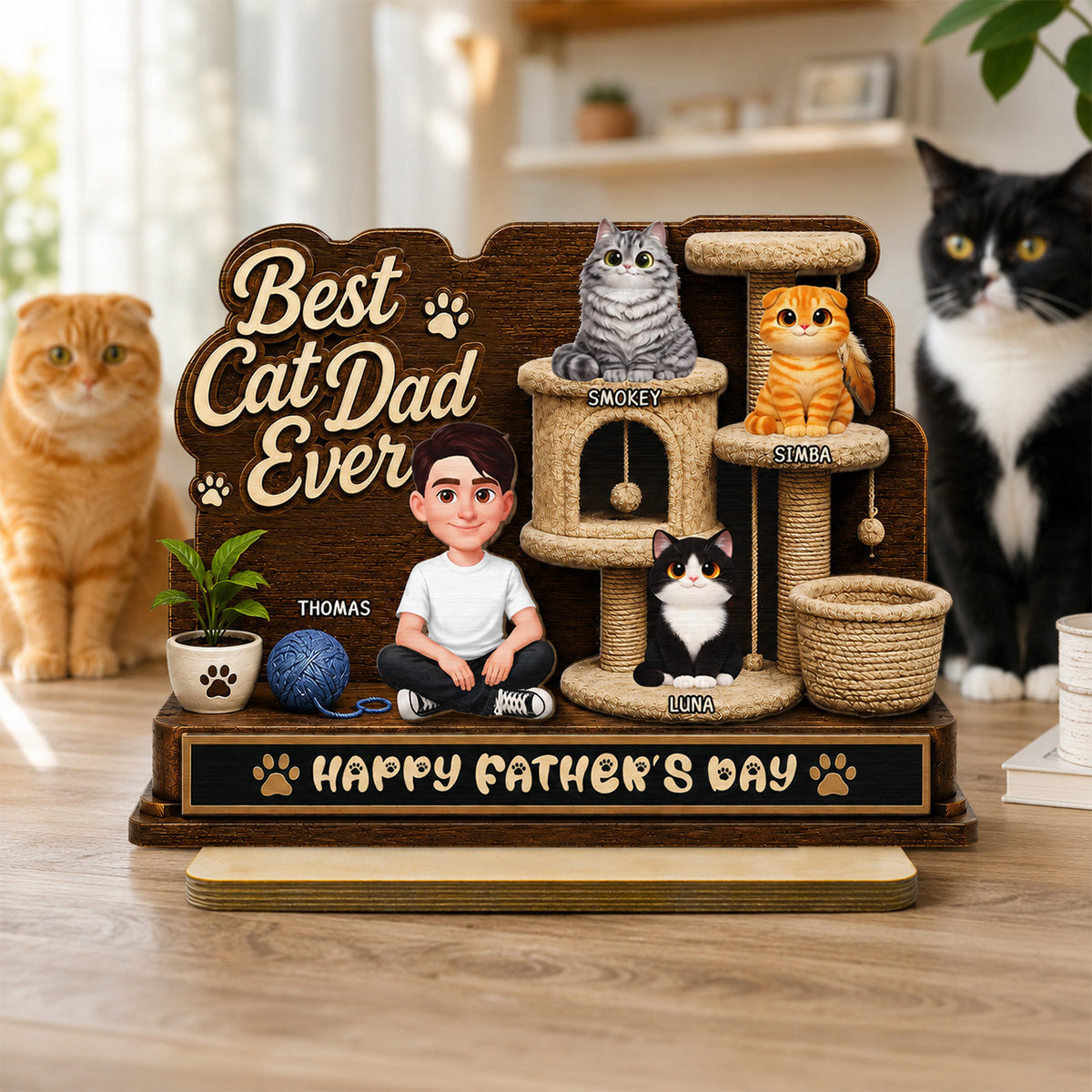 Best Cat Dad Ever Man Sitting Cute Cats On Cat Tree 2D Flat - Personalized 2-Layered Wooden Plaque - Gift For Cat Dad