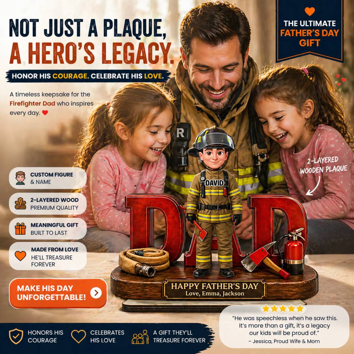 Proud American Firefighter Dad - Personalized 2-Layered Wooden Plaque - Gift For Dad