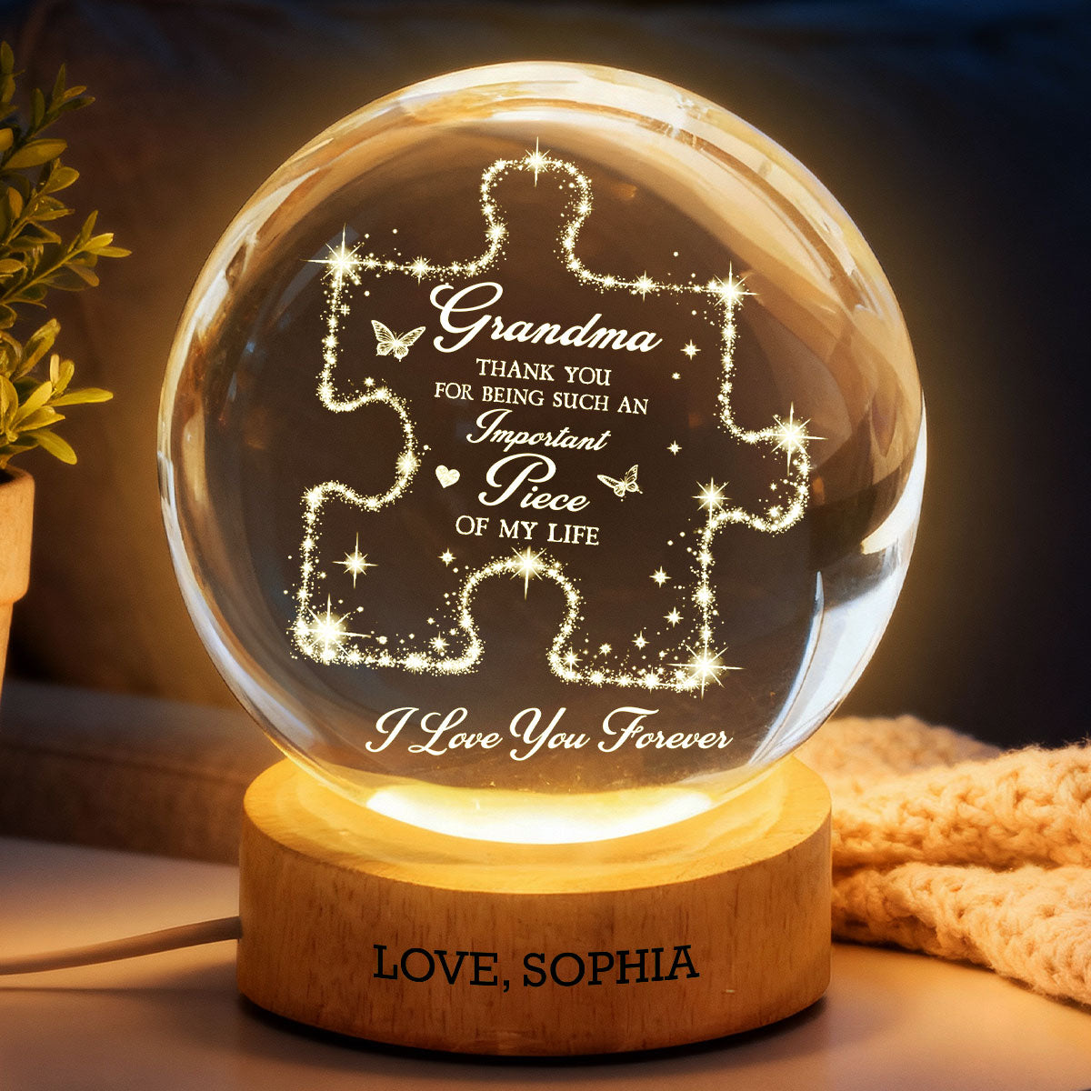 Grandma Thank You Important Piece - Personalized Crystal Ball LED Night Light - Mother's Day Gift For Grandma, Mom