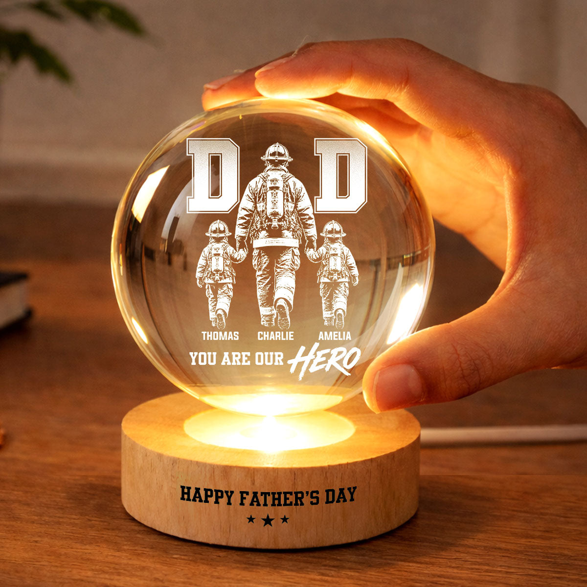 Proud Firefighter Dad You Are Our Hero - Personalized Crystal Ball LED Night Light - Gift For Dad, Husband