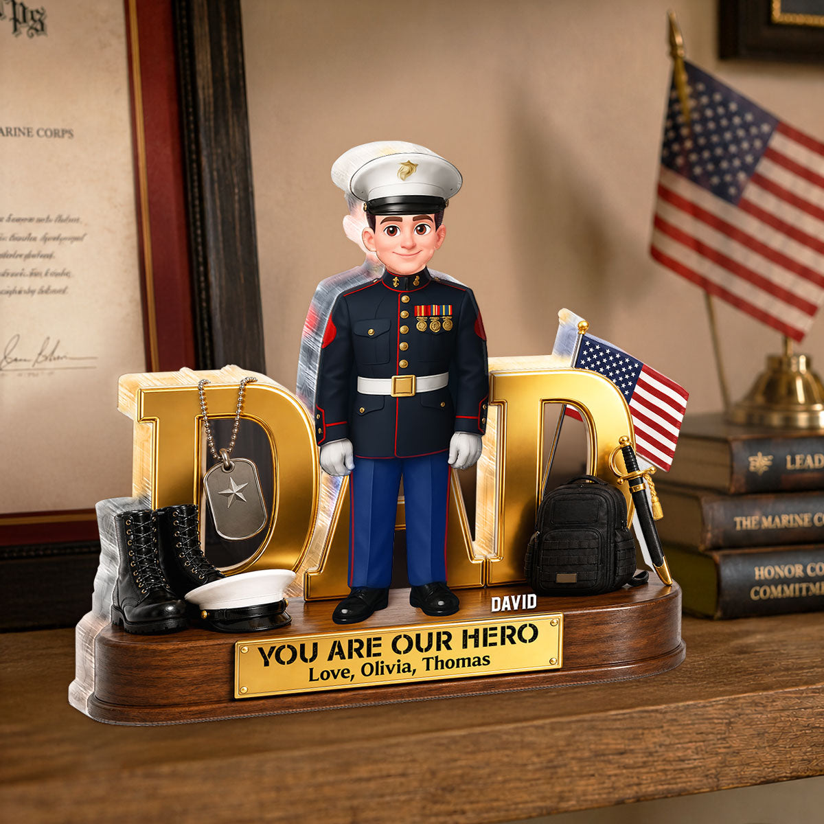 Proud American Marine Dad You Are Our Hero 2D Flat - Personalized Acrylic Block Plaque - Gift For Dad