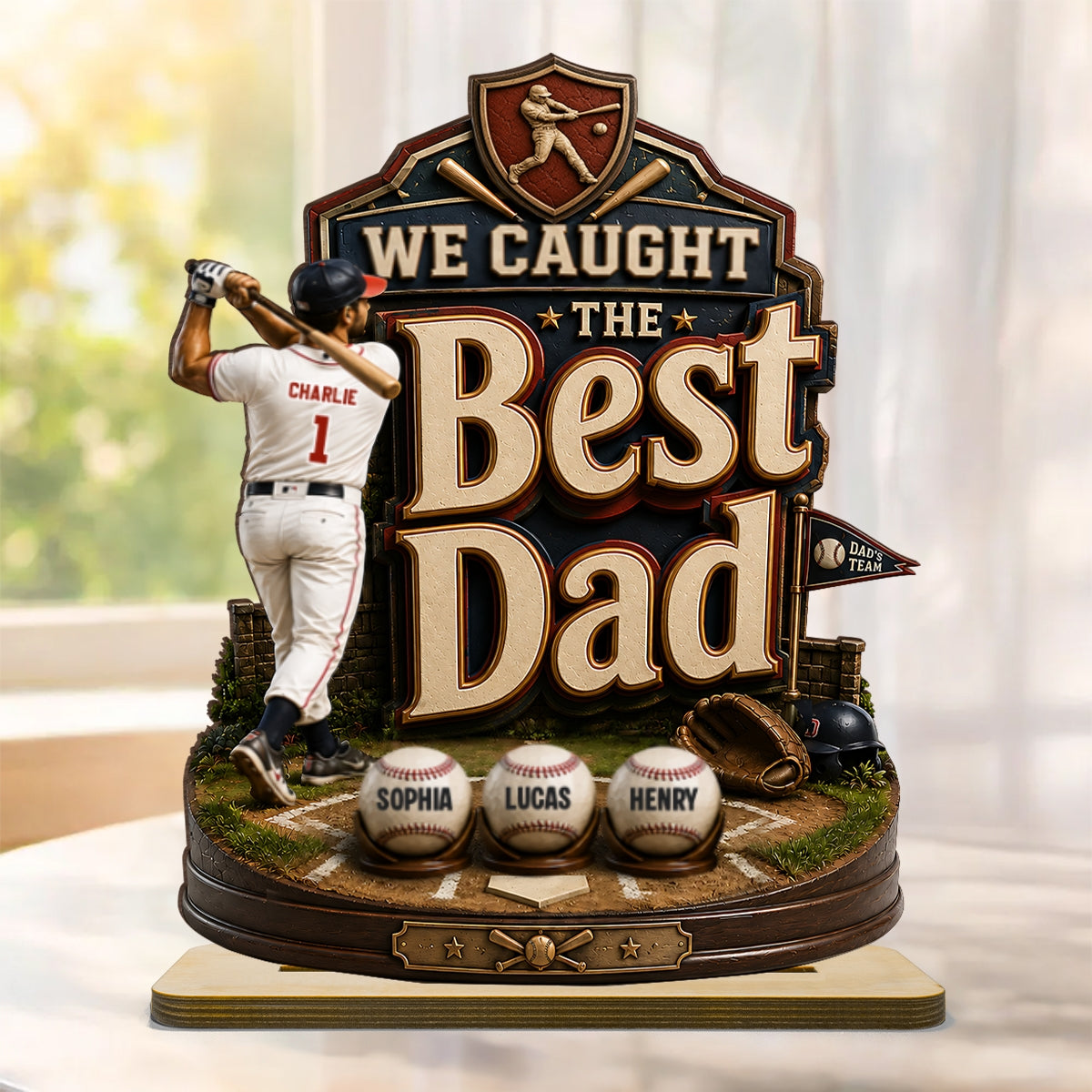 Baseball Dad & Kids We Caught The Best Dad - Personalized 2-Layered Wooden Plaque - Gift For Baseball Dad, Husband