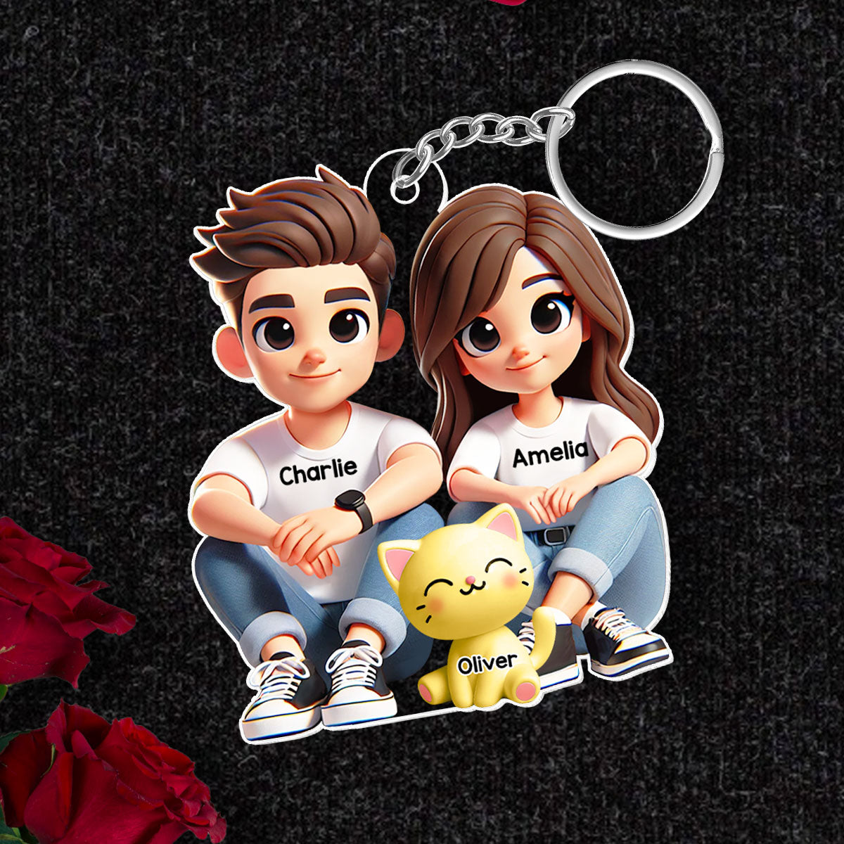 3D Effect Cute Couple And Dogs Cats Sitting Personalized Acrylic Keychain, Anniversary Gift, gift