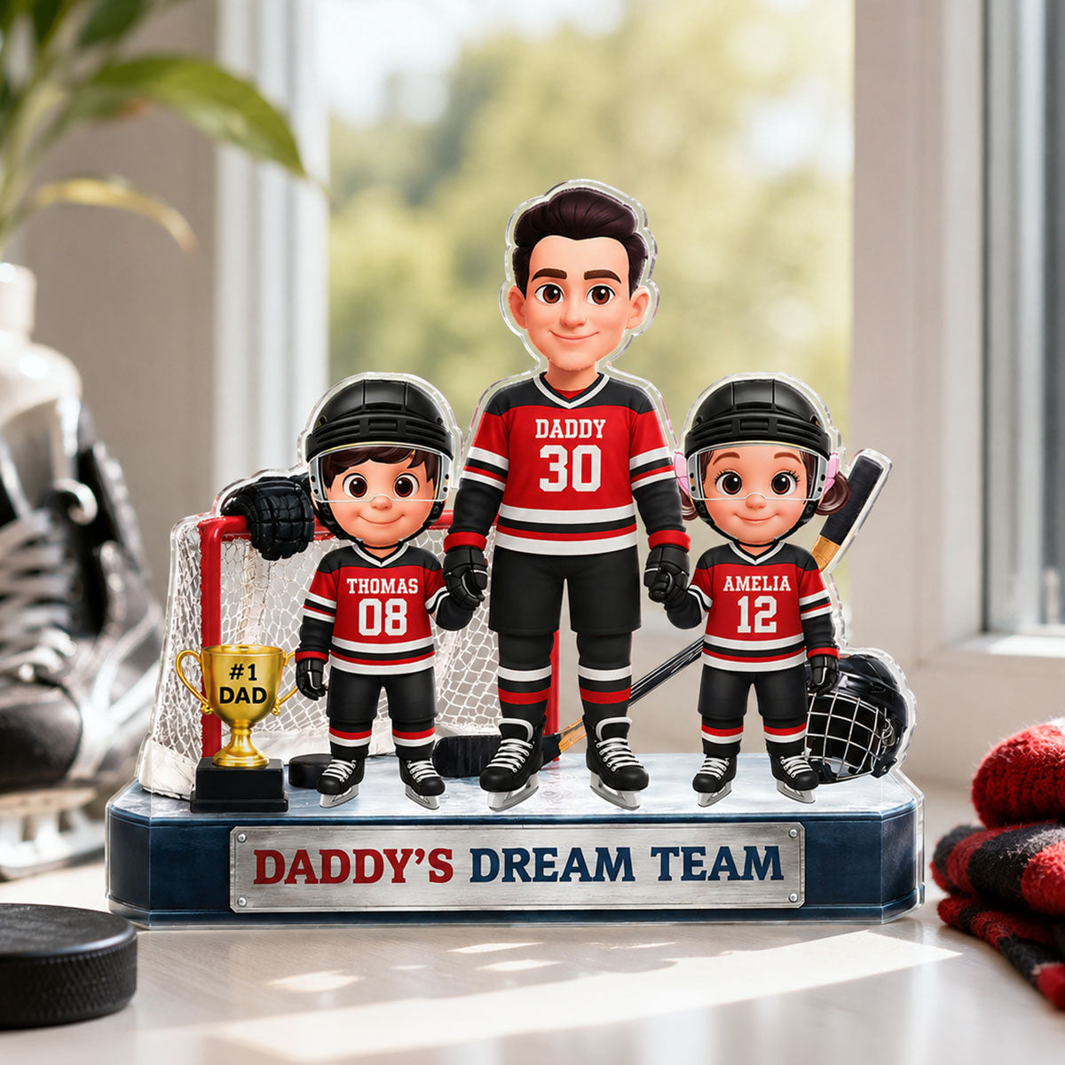 Daddy's Dream Team Hockey Dad & Kids - Personalized Acrylic Block Plaque - Gift For Dad, Husband