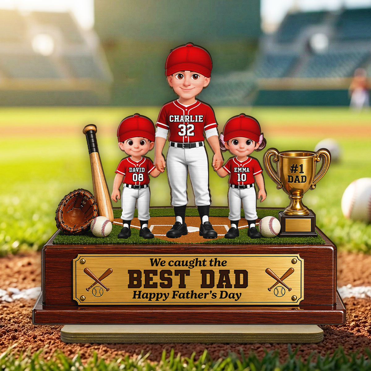 Baseball We Caught The Best Dad - Personalized 2-Layered Wooden Plaque - Gift For Dad