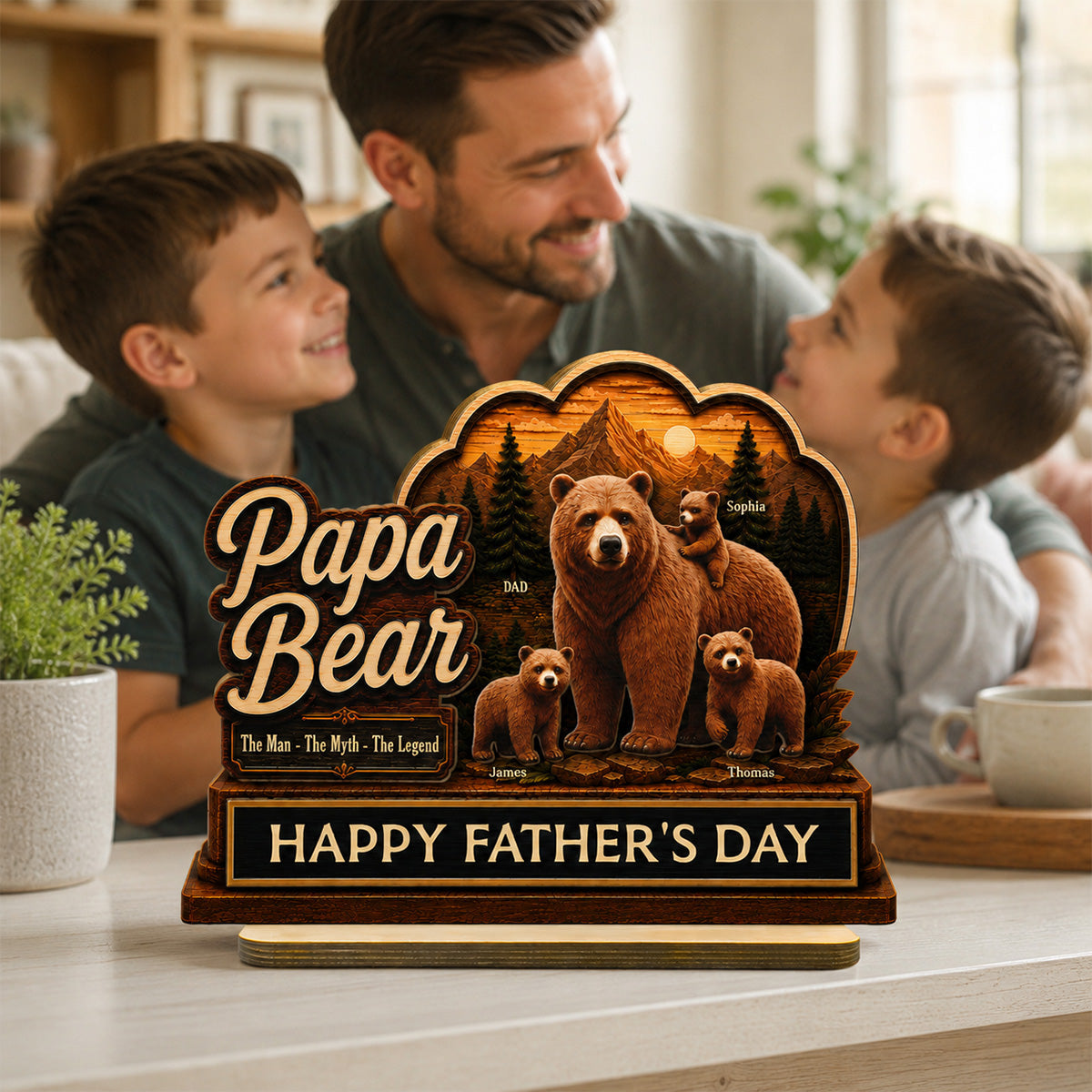 Papa Bear The Man The Myth The Legend 2D Flat - Personalized 2-Layered Wooden Plaque - Gift For Husband, Dad