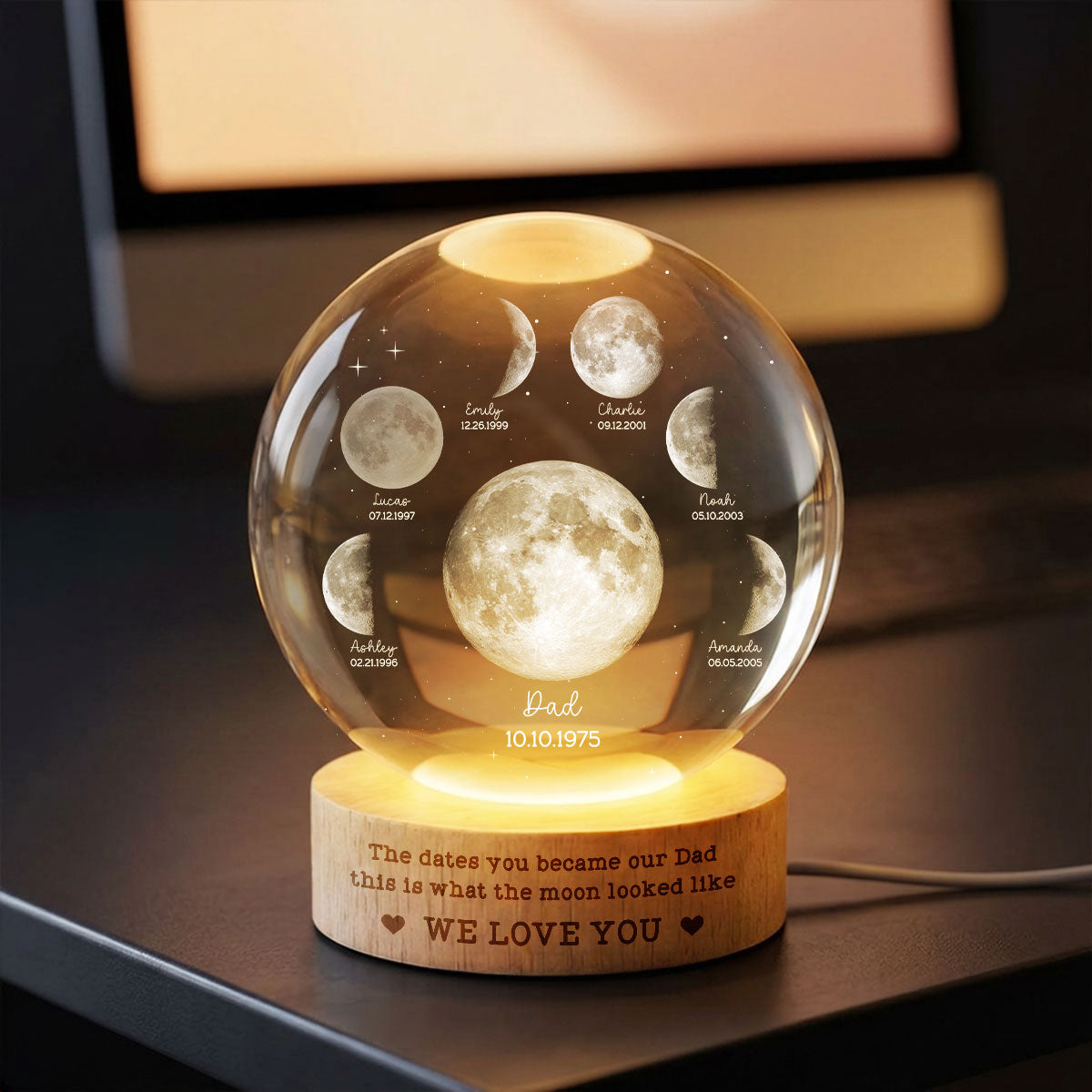 The Date You Became Our Dad - Personalized Crystal Ball LED Night Light - Custom Moon Phase by Date, Gift for Dad, Husband