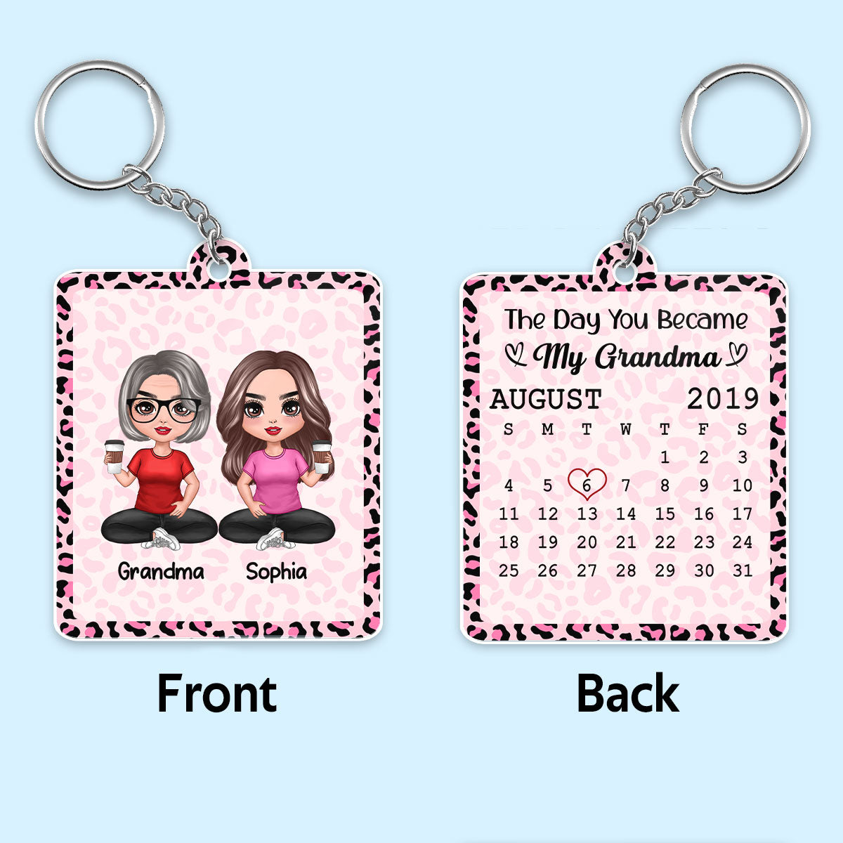 Best Grandma Ever Doll Sitting Grandma Grandkid Calendar Date Pink Leopard Pattern Personalized Acrylic Keychain