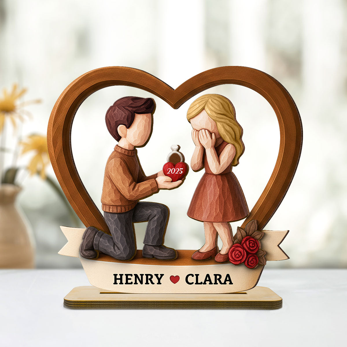 Couple Marriage Proposal 3D Wooden Effect - Personalized Wooden Plaque - Newly Engaged Gift, ""She Said Yes!""