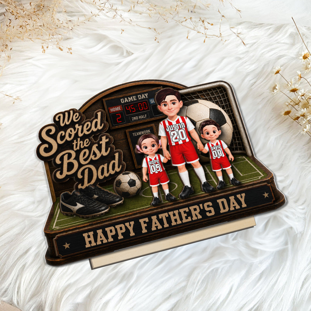 Soccer Dad & Kids On Court 2D Flat - Personalized 2-Layered Wooden Plaque - Gift For Soccer Dad, UK Football Dad