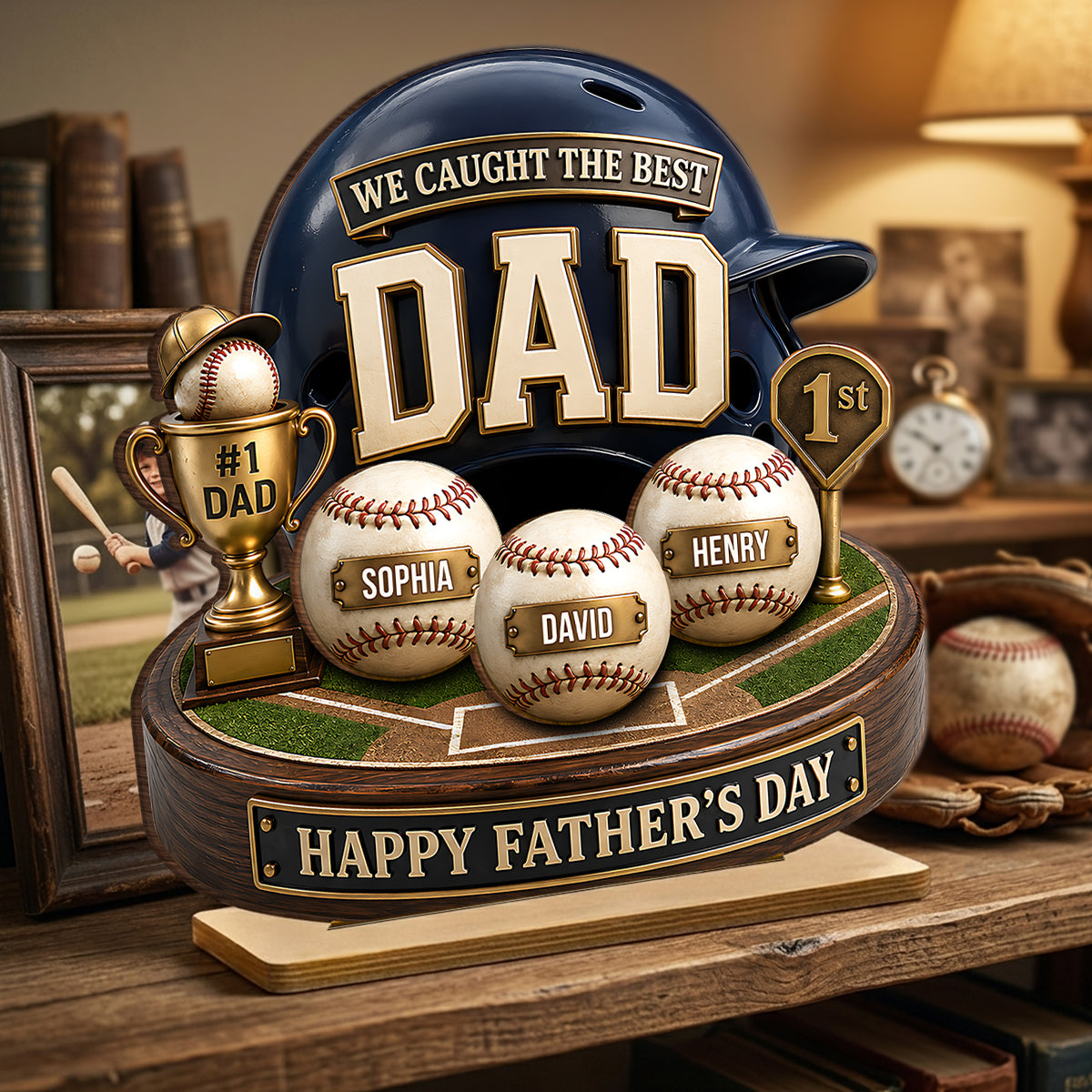 Baseball Trophy We Caught The Best Dad - Personalized 2-Layered Wooden Plaque - Gift For Dad, Husband