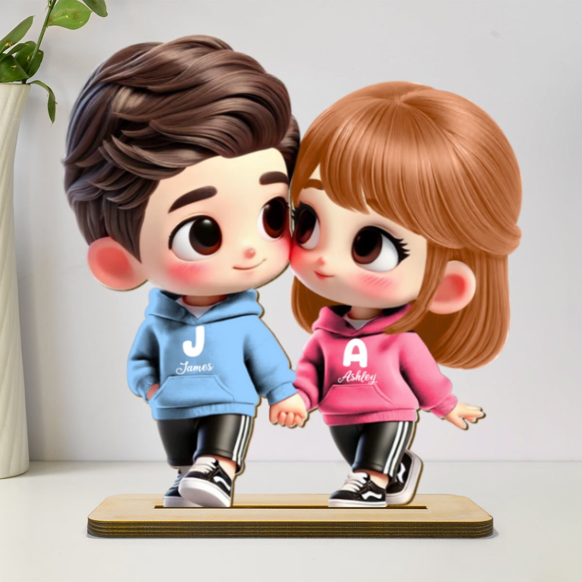 3D Effect Cute Cartoon Couple Holding Hands Personalized Standing Wooden Plaque, Anniversary & Gift for him, Gift for her