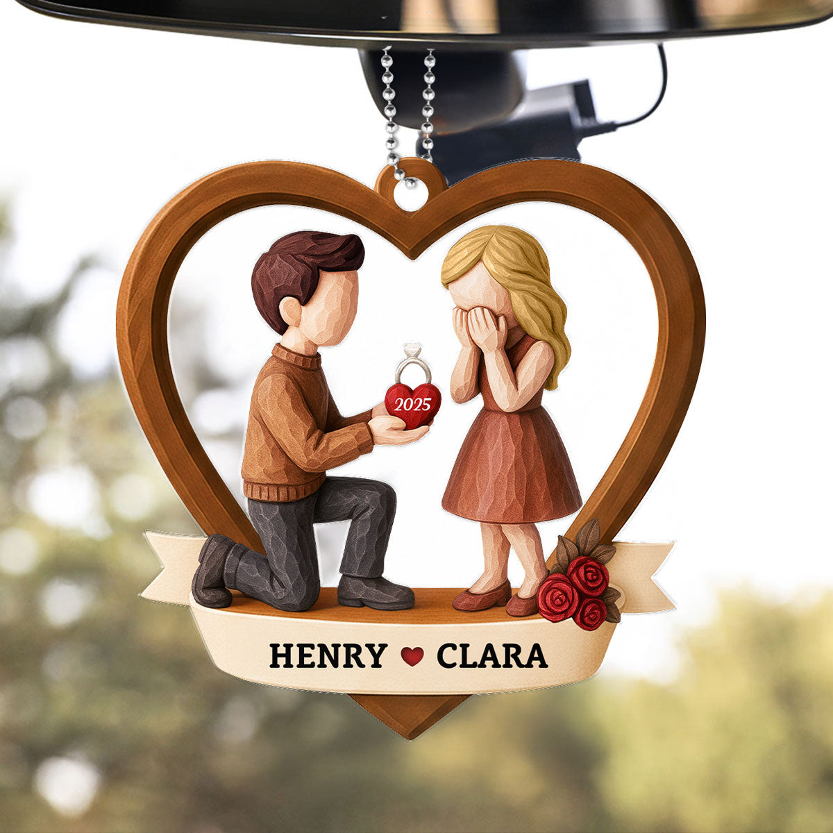 Couple Marriage Proposal 3D Wooden Effect - Personalized Acrylic Car Hanger - Newly Engaged Gift, ""She Said Yes!""