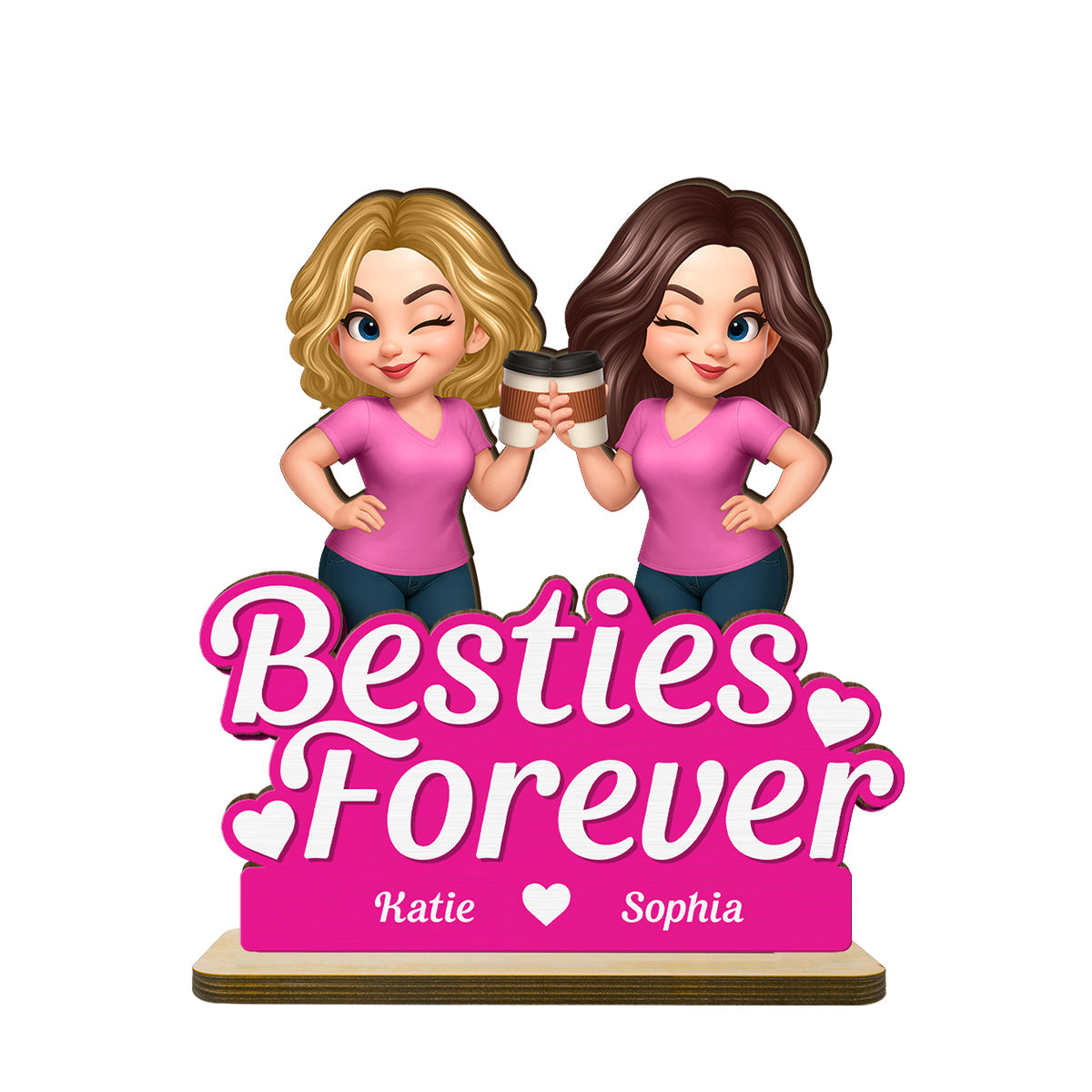 Beautiful Besties Pink Tone Personalized Flat 2-Layer Standing Wooden Plaque
