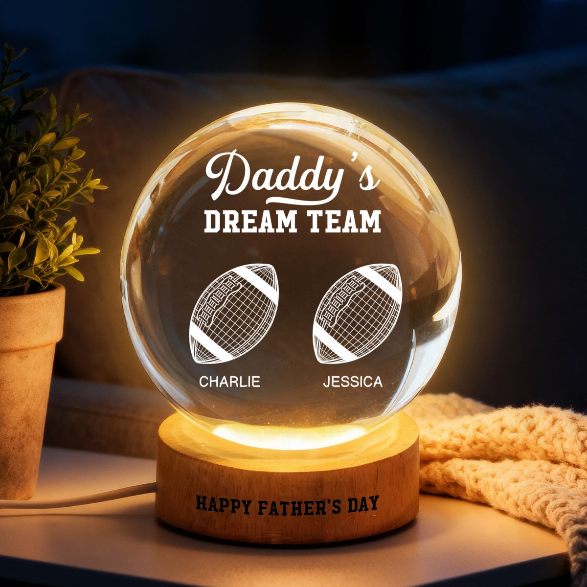 American Football Daddy's Dream Team Illusion Style - Personalized Crystal Ball LED Night Light - Gift For Dad, Husband